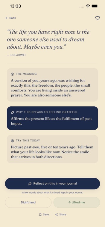 A quote in Clearwei opened out, showing what it means, why it speaks to how you feel, and one thing to try today.